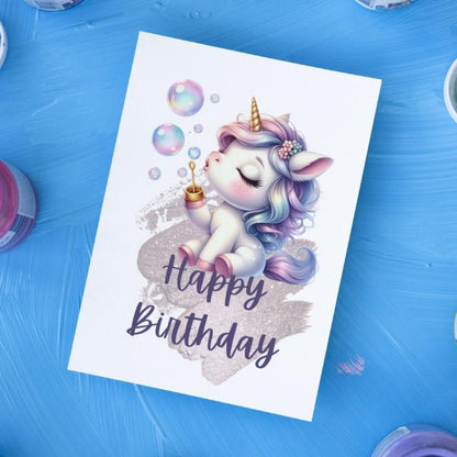 Soap Bubbles Unicorn Birthday Card, Cute Digital Greeting Card