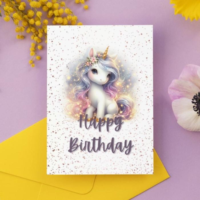 Sparkling Printable Unicorn Birthday Card, Pastel Fantasy Unicorn Instant Download