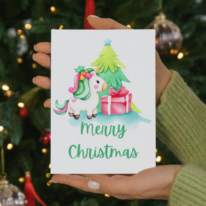 Printable Unicorn Christmas Card. 5x7 Unicorn Holiday Greeting Card