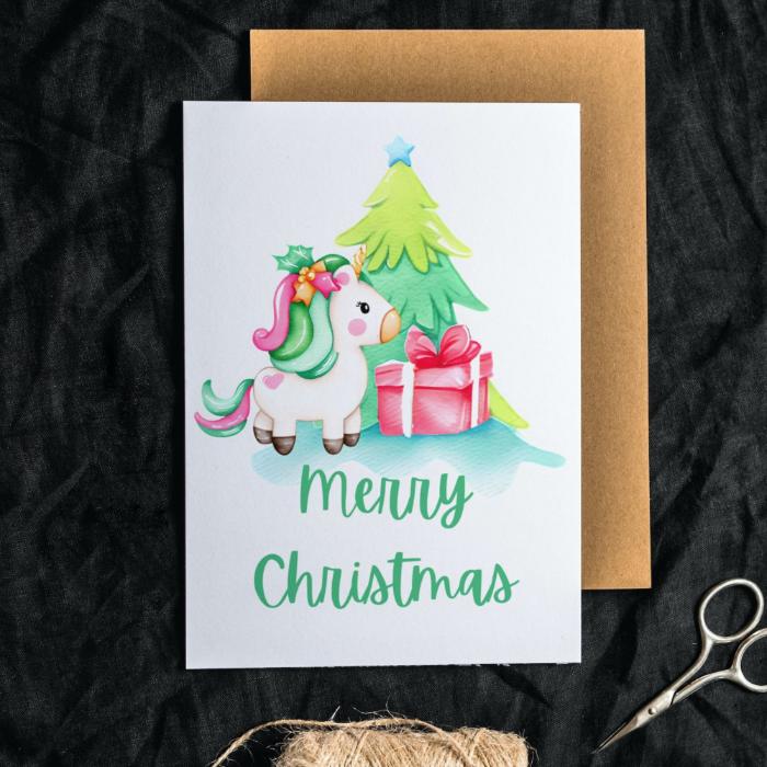 Printable Unicorn Christmas Card. 5x7 Unicorn Holiday Greeting Card