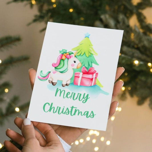 Printable Unicorn Christmas Card. 5x7 Unicorn Holiday Greeting Card