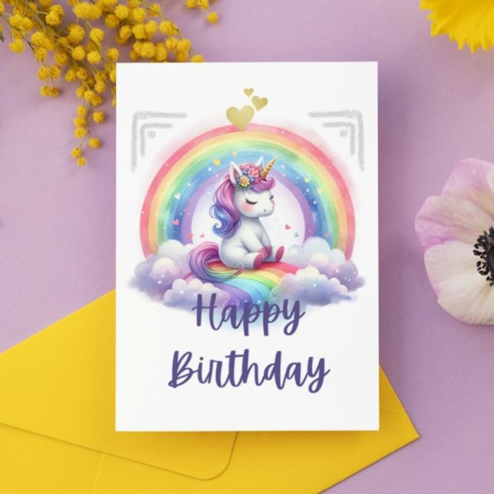 Printable Kids Unicorn Birthday Card, Colorful Rainbow Greeting Card