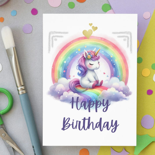 Printable Kids Unicorn Birthday Card, Colorful Rainbow Greeting Card