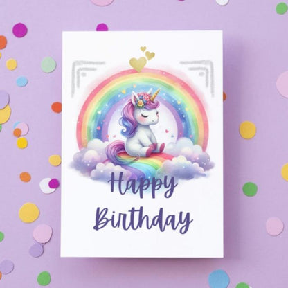 Printable Kids Unicorn Birthday Card, Colorful Rainbow Greeting Card