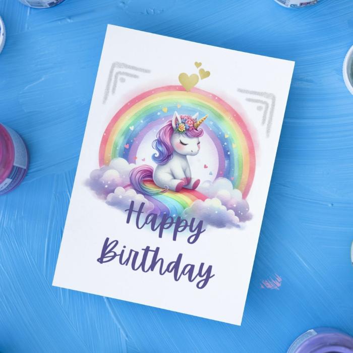 Printable Kids Unicorn Birthday Card, Colorful Rainbow Greeting Card