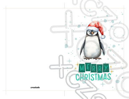 Printable Penguin Christmas Card. 5x7 Penguin Holiday Greeting Card