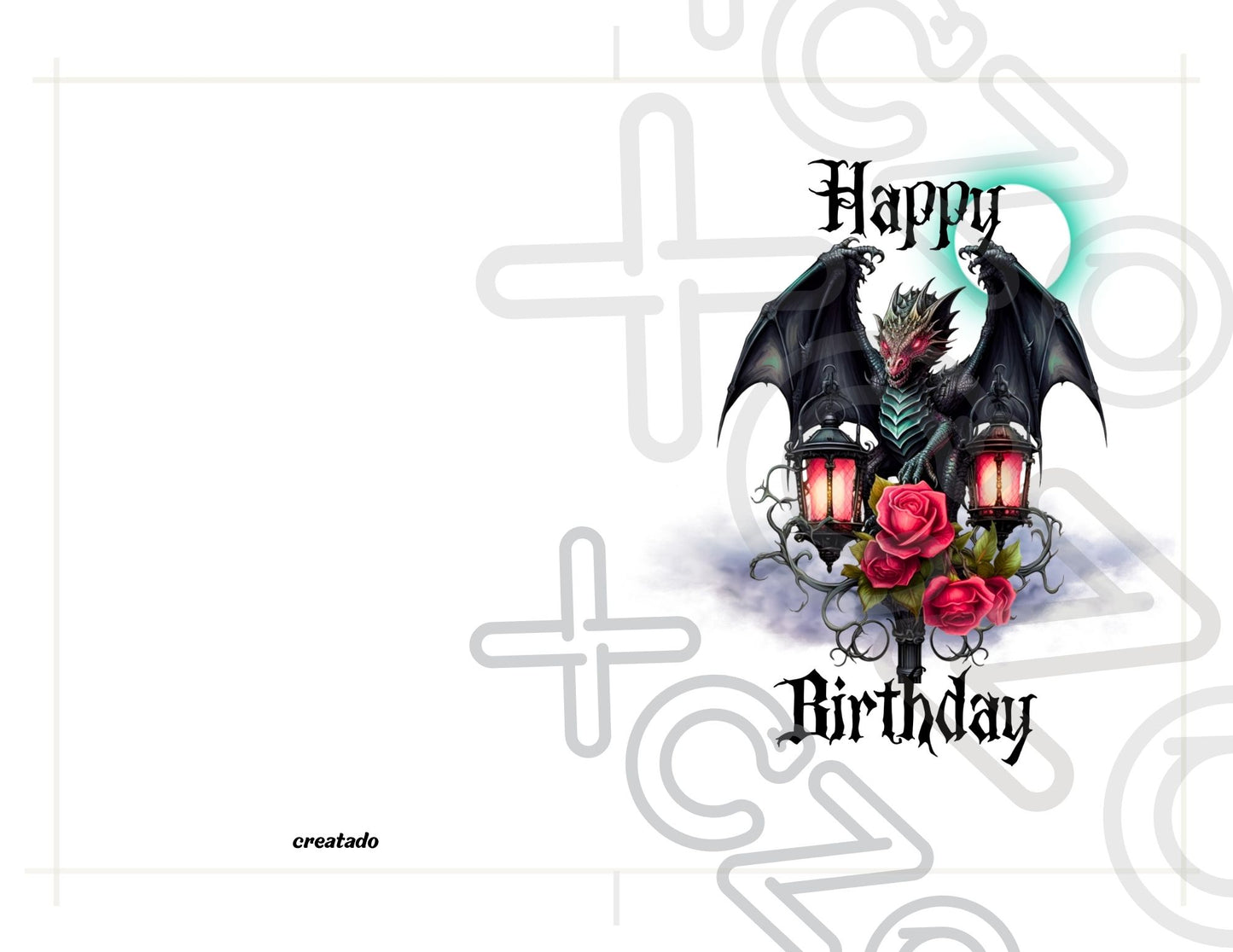 Printable Green Goth Dragon Birthday Card 5x7 Download, Medieval Dragon With Lantern