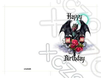 Printable Green Goth Dragon Birthday Card 5x7 Download, Medieval Dragon With Lantern