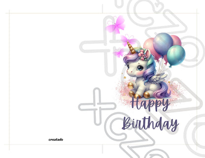 Unicorn Birthday Card Printable, Cute Unicorn with Balloons