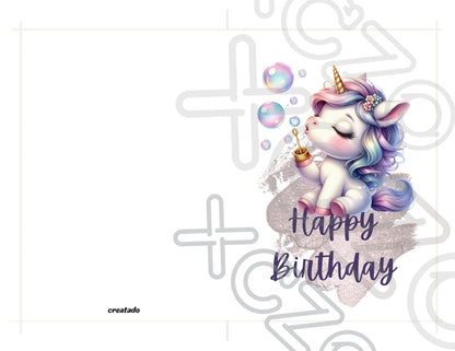 Soap Bubbles Unicorn Birthday Card, Cute Digital Greeting Card