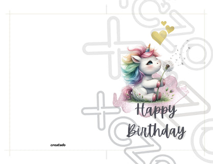 Printable Unicorn with Dandelion Birthday Card, Cute Whimsical Happy Birthday Greeting