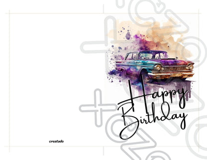 Purple Retro Car Printable Birthday Card