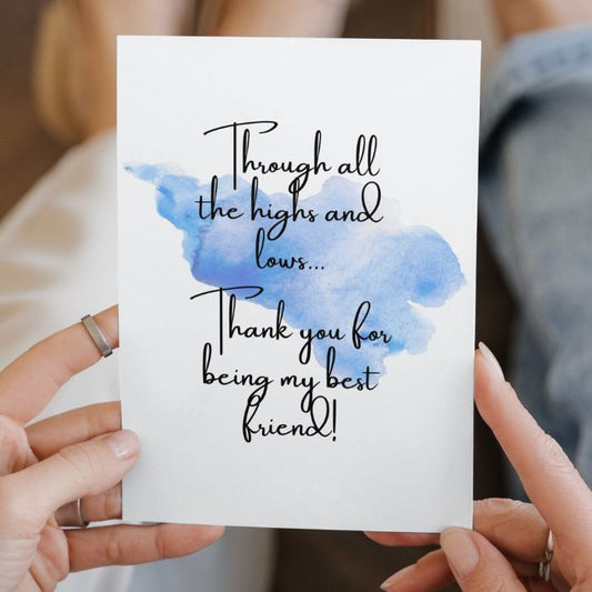 Best Friend Printable Thank You Card - Blue Watercolor