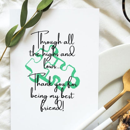 Best Friend Printable Thank You Card Green Puzzle Pieces