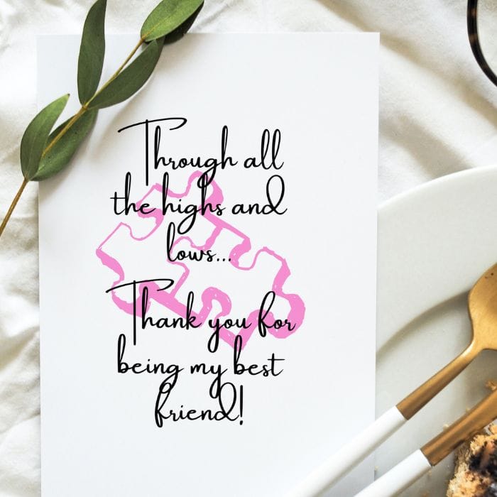 Best Friend Printable Thank You Card Pink Puzzle Pieces