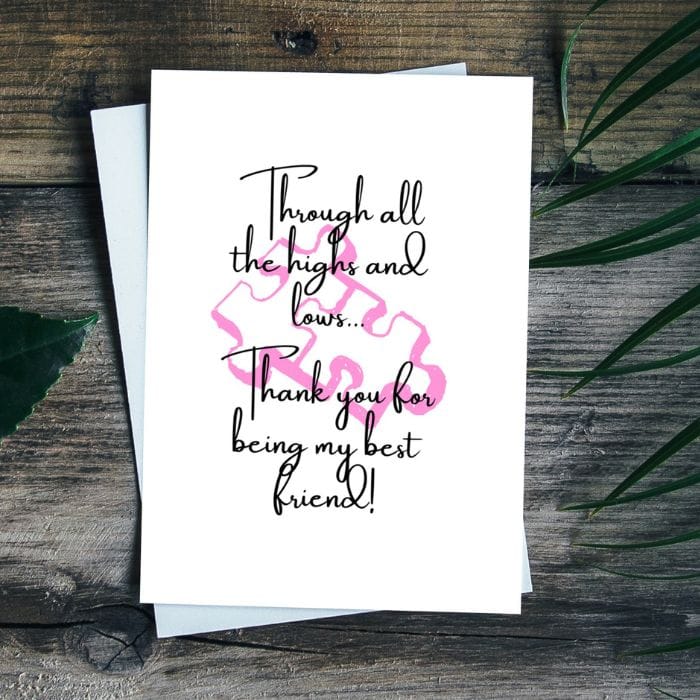 Best Friend Printable Thank You Card Pink Puzzle Pieces