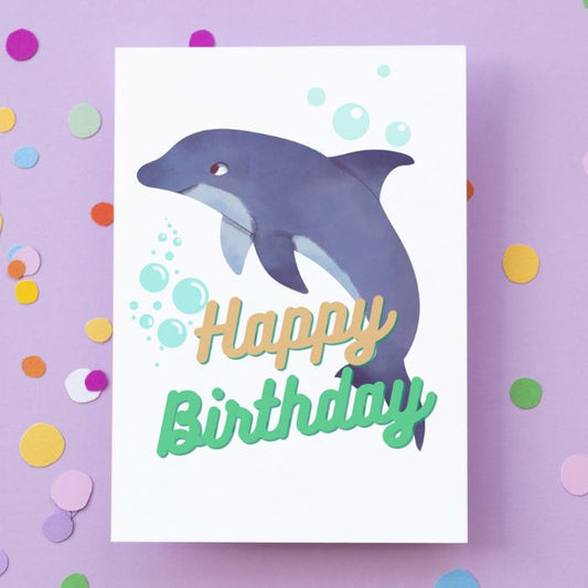 Printable Dolphin Birthday Card #1 Golden Green