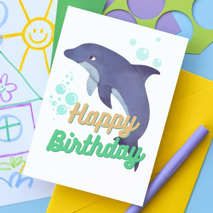 Printable Dolphin Birthday Card #1 Golden Green