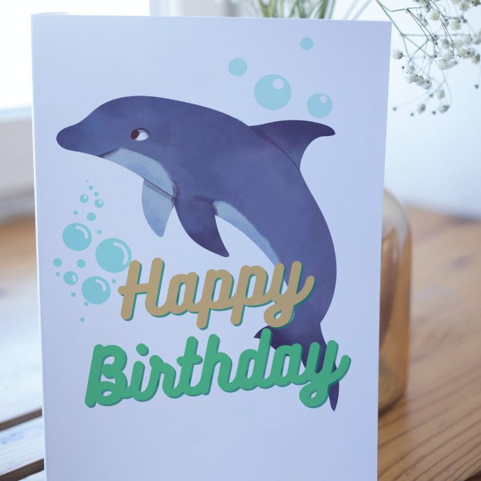 Printable Dolphin Birthday Card #1 Golden Green