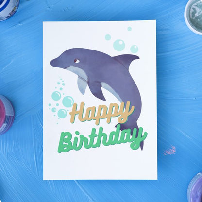 Printable Dolphin Birthday Card #1 Golden Green