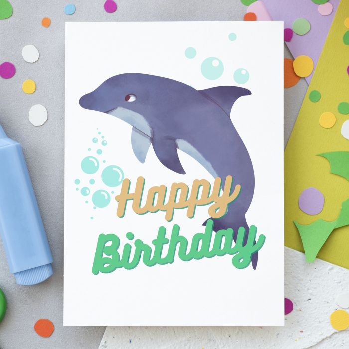 Printable Dolphin Birthday Card #1 Golden Green