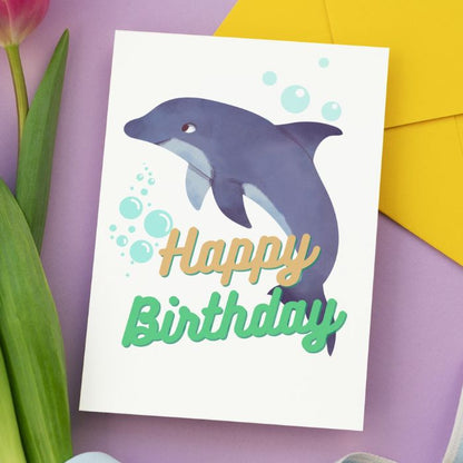 Printable Dolphin Birthday Card #1 Golden Green