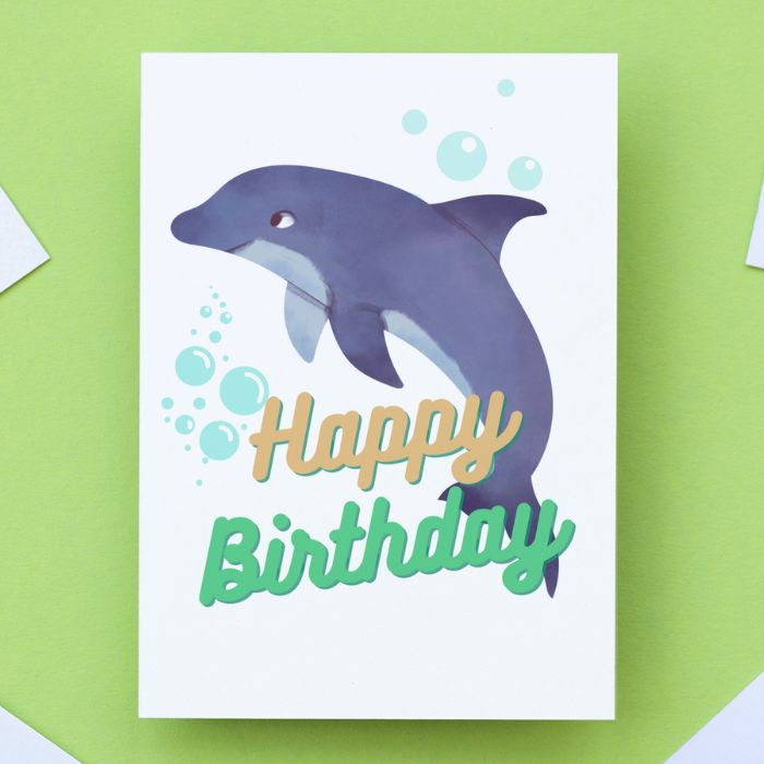 Printable Dolphin Birthday Card #1 Golden Green