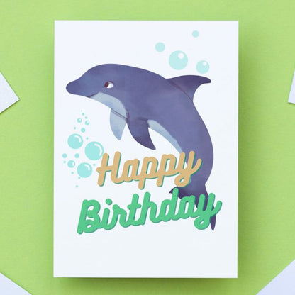 Printable Dolphin Birthday Card #1 Golden Green