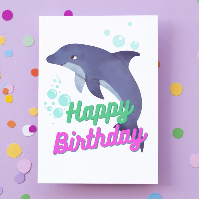 Printable Dolphin Birthday Card #2 Green Pink