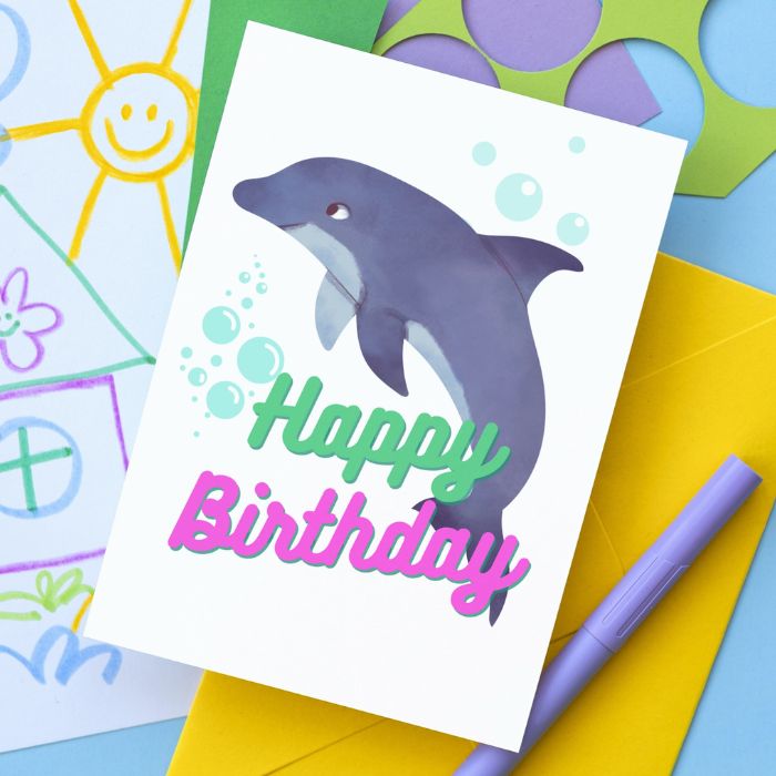 Printable Dolphin Birthday Card #2 Green Pink