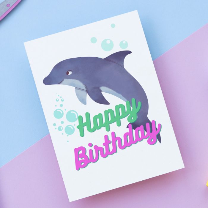 Printable Dolphin Birthday Card #2 Green Pink