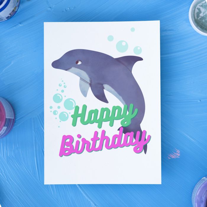 Printable Dolphin Birthday Card #2 Green Pink