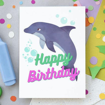 Printable Dolphin Birthday Card #2 Green Pink