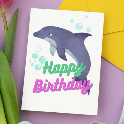 Printable Dolphin Birthday Card #2 Green Pink