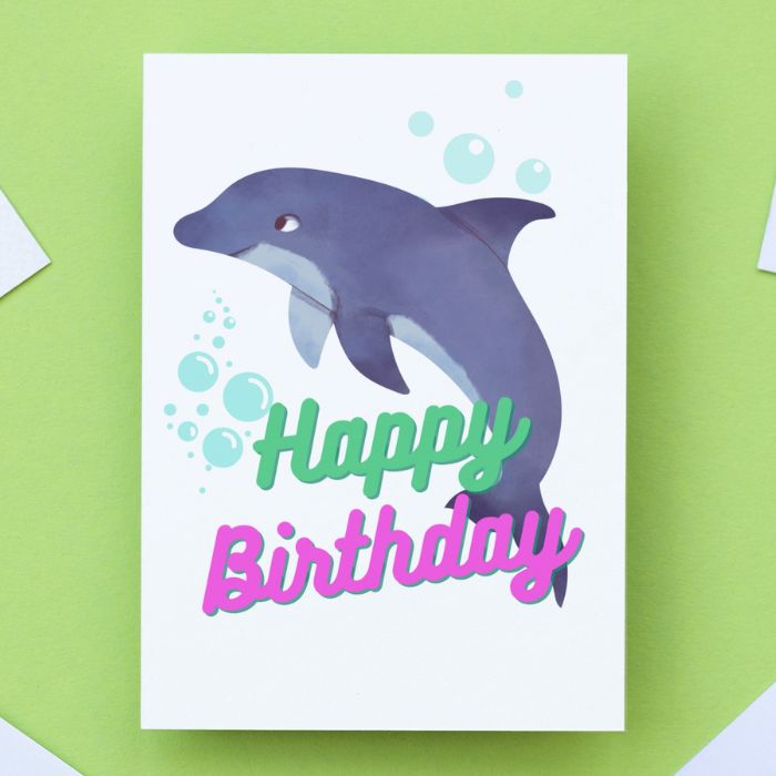 Printable Dolphin Birthday Card #2 Green Pink