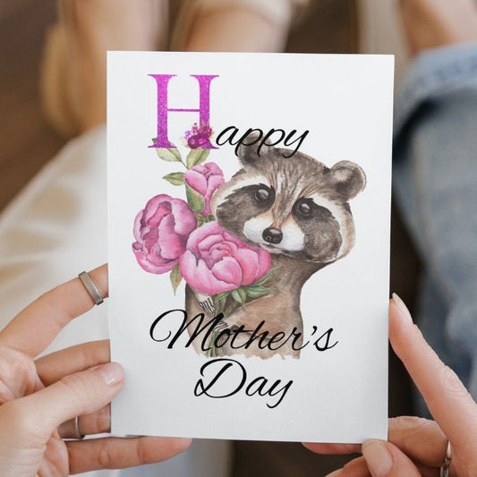 Happy Mother's Day Card Raccoon With Pink Roses