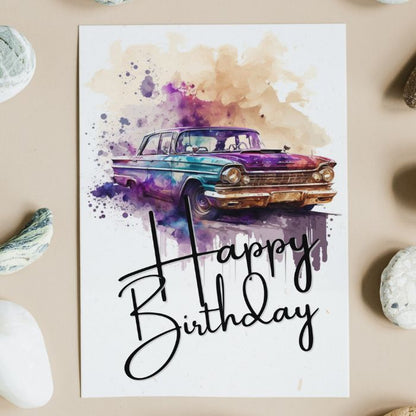 Purple Retro Car Printable Birthday Card