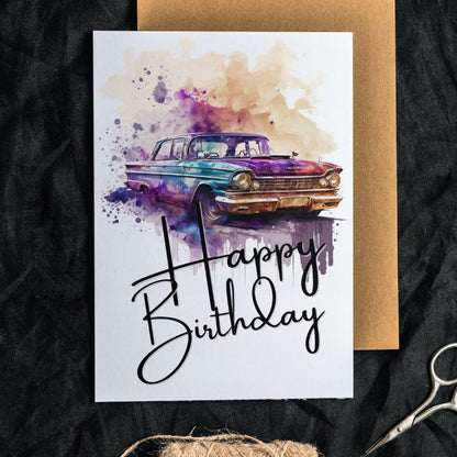 Purple Retro Car Printable Birthday Card