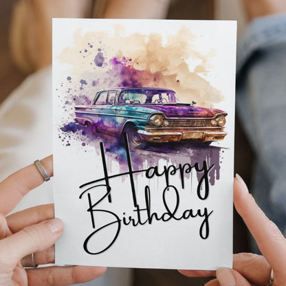 Purple Retro Car Printable Birthday Card