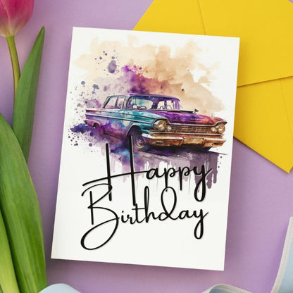 Purple Retro Car Printable Birthday Card