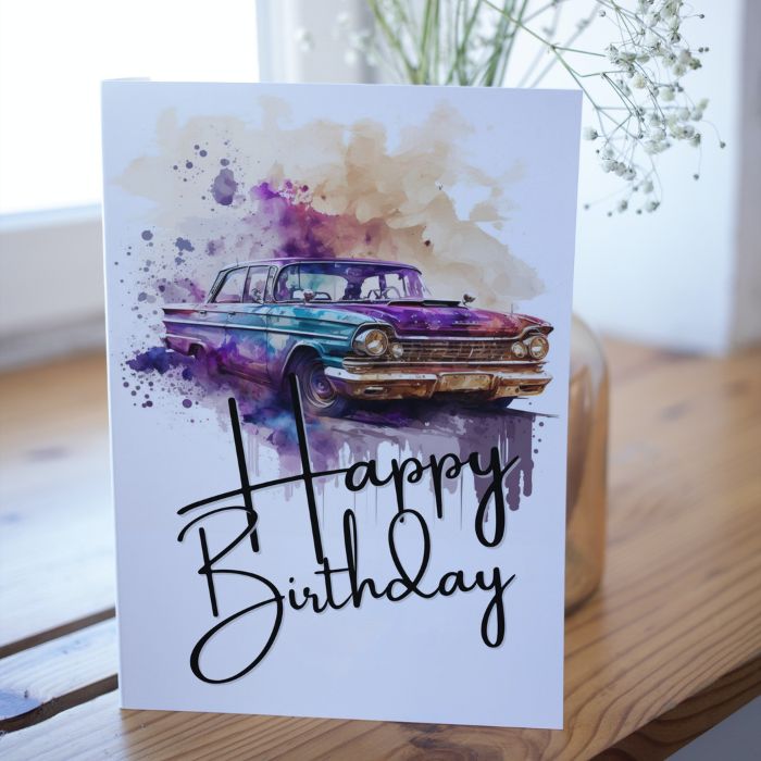 Purple Retro Car Printable Birthday Card