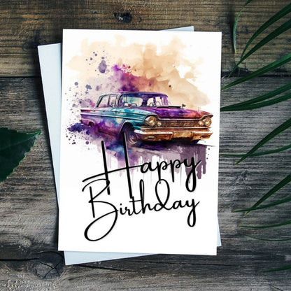 Purple Retro Car Printable Birthday Card