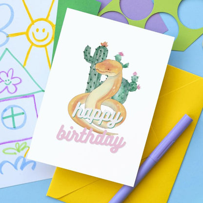 Desert Snake Printable Birthday Card - White Pink