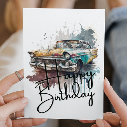 Yellow Retro Car Printable Birthday Card