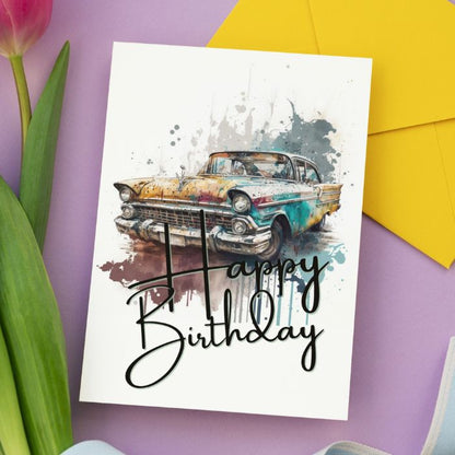 Yellow Retro Car Printable Birthday Card