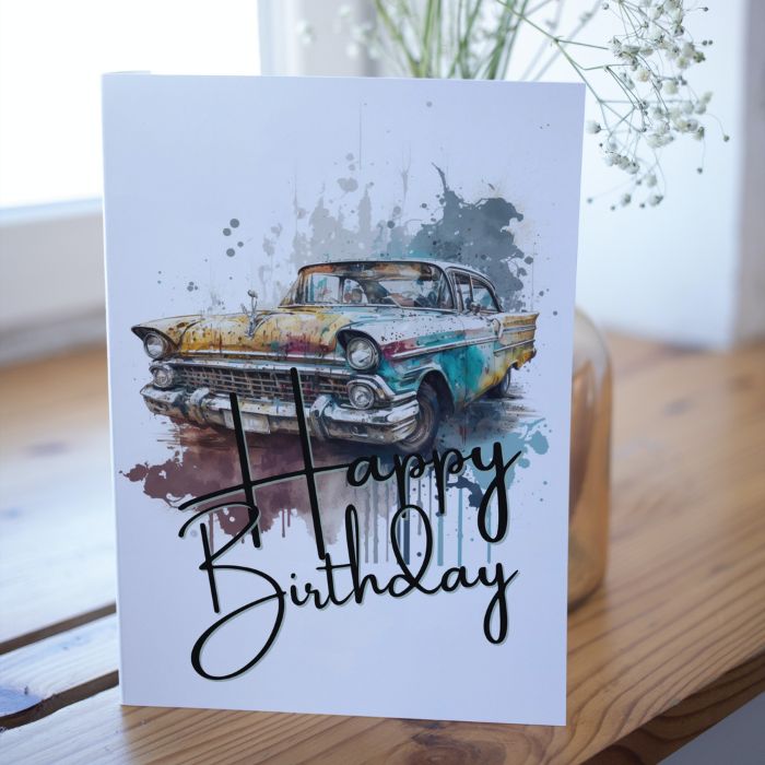 Yellow Retro Car Printable Birthday Card