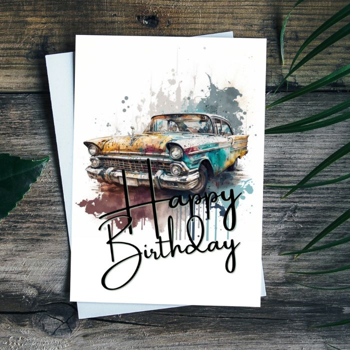 Yellow Retro Car Printable Birthday Card