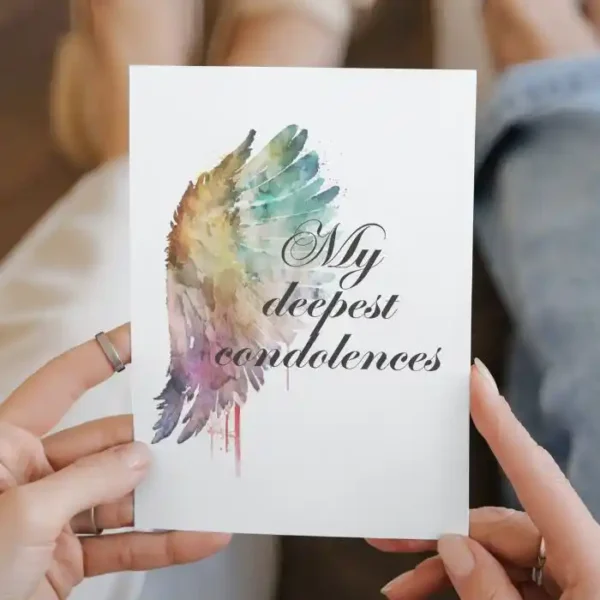 Printable condolence card featuring angel wings, expressing deepest sympathy and support during a difficult time.
