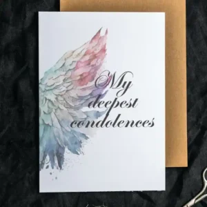 Printable condolence card featuring angel wings, expressing deepest sympathy and support during a difficult time.