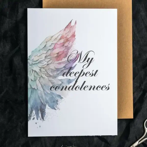 Printable condolence card featuring angel wings, expressing deepest sympathy and support during a difficult time.